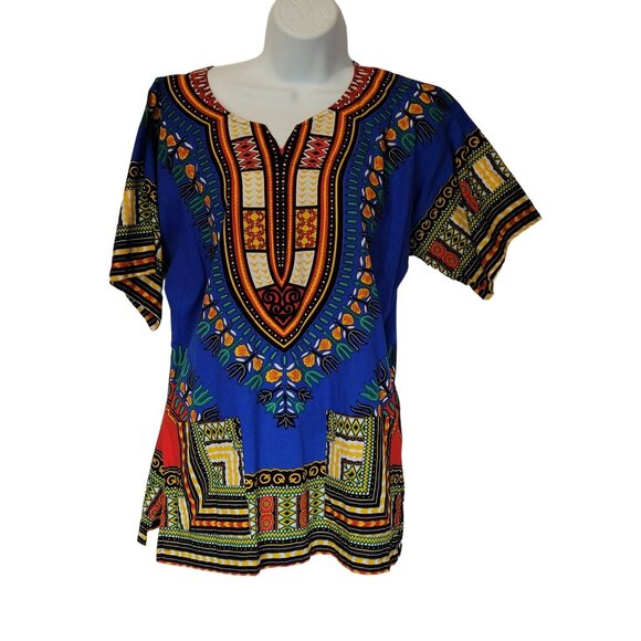 Dashiki African Print Short Sleeve Tunic Blouse Top Pockets Ethnic Boho Hippie S - Picture 2 of 6